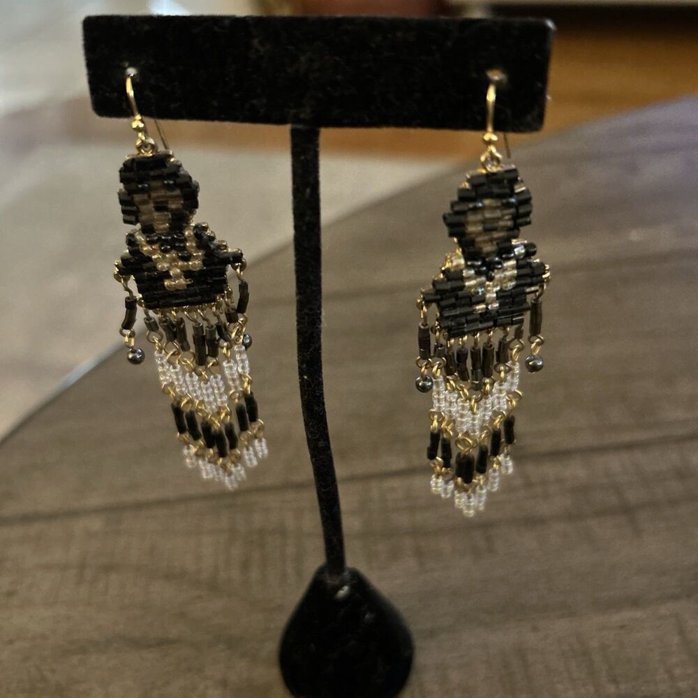 Black, Gold & White Beaded Boho Style 3 Inch Dangle Earrings